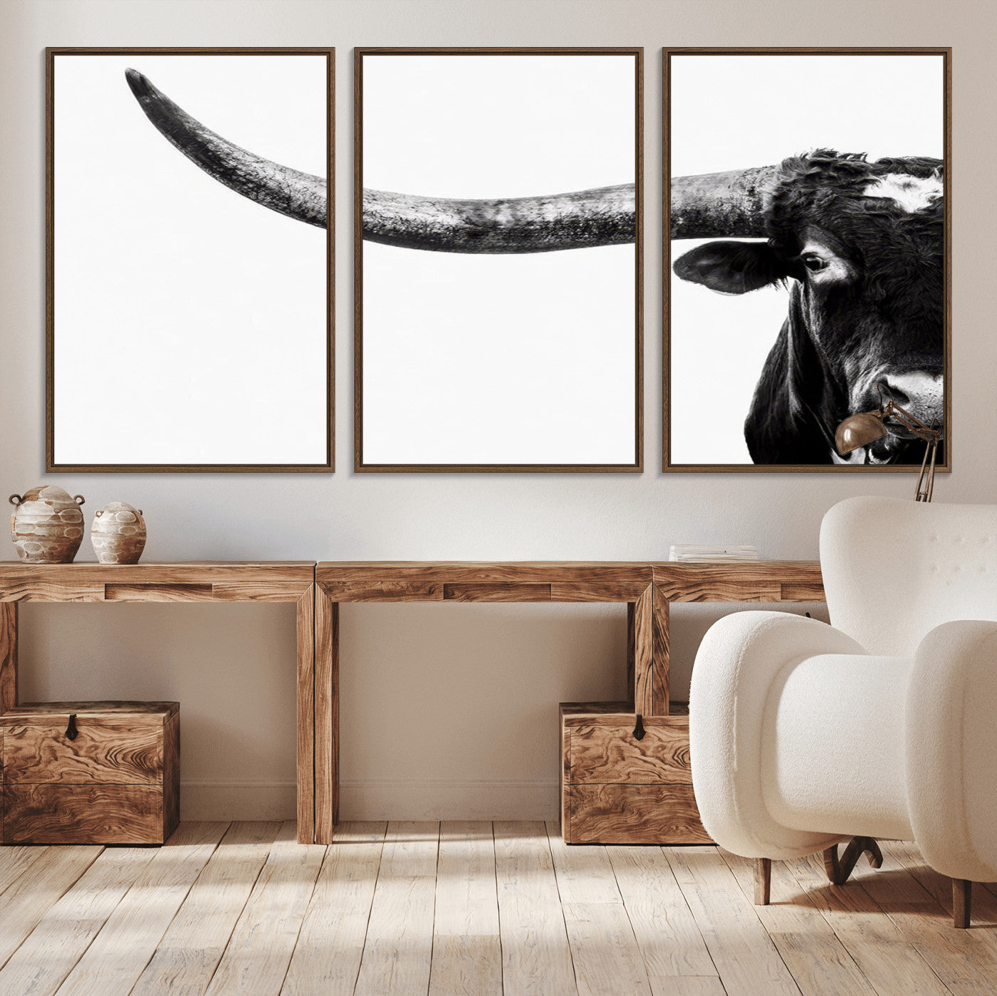 31699-MGV-CV-36X24-Longhorn Wall Art – Black and White Texas Longhorn Cow Canvas Print, Rustic Western Farmhouse Artwork for Living Room, Bedroom or