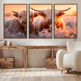 68253-MGV-CV-36X24-Highland Cow Wall Art – Rustic Farmhouse Cattle Canvas Print, Frosty Sunset Animal Artwork for Living Room, Bedroom or Country