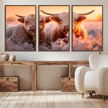 68253-MGV-CV-36X24-Highland Cow Wall Art – Rustic Farmhouse Cattle Canvas Print, Frosty Sunset Animal Artwork for Living Room, Bedroom or Country