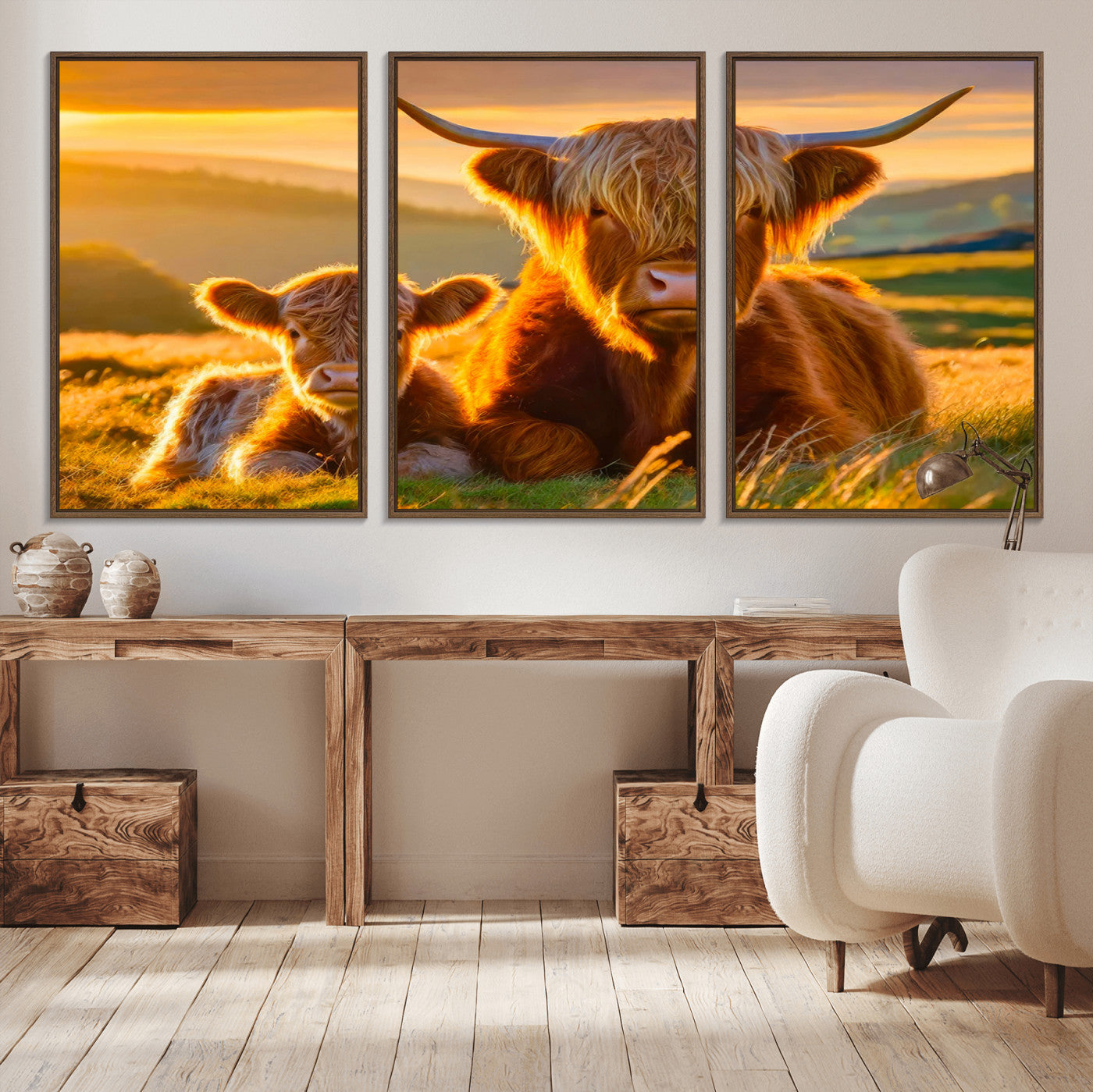 20567-MGV-CV-36X24-Highland Cow and Calf Wall Art – Rustic Farmhouse Sunset Cattle Canvas Print, Country Animal Artwork for Living Room, Bedroom, or