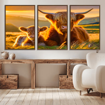 20567-MGV-CV-36X24-Highland Cow and Calf Wall Art – Rustic Farmhouse Sunset Cattle Canvas Print, Country Animal Artwork for Living Room, Bedroom, or