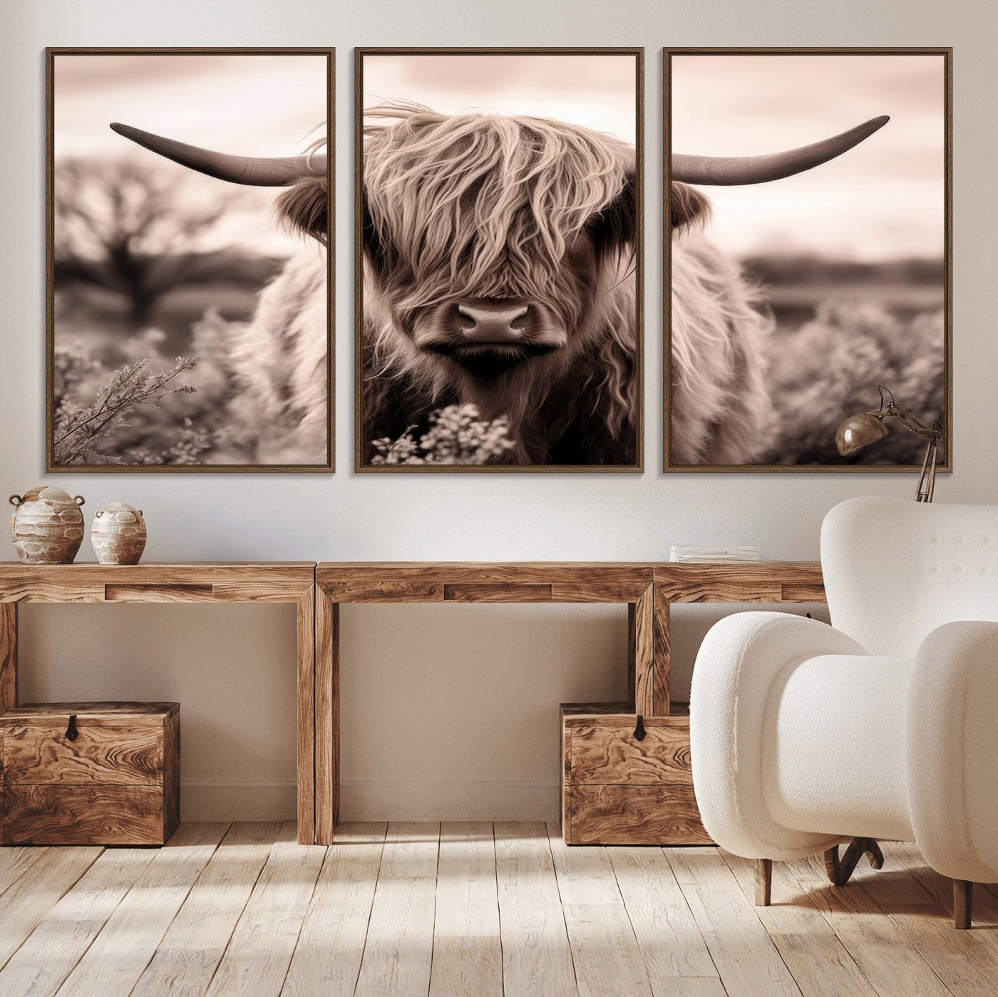 55903-MGV-CV-36X24-Highland Cow Wall Art – Rustic Sepia Scottish Highland Bull Canvas Print, Farmhouse Country Animal Decor for Living Room, Bedroom