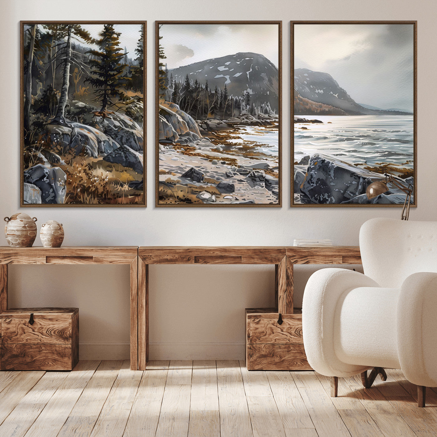 41281-MGV-CV-36X24-Rocky Shoreline Wall Art – Panoramic Mountain Coast and Forest Canvas Print, Rustic Nature Landscape Decor for Cabin, Lodge, or