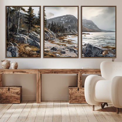 41281-MGV-CV-36X24-Rocky Shoreline Wall Art – Panoramic Mountain Coast and Forest Canvas Print, Rustic Nature Landscape Decor for Cabin, Lodge, or