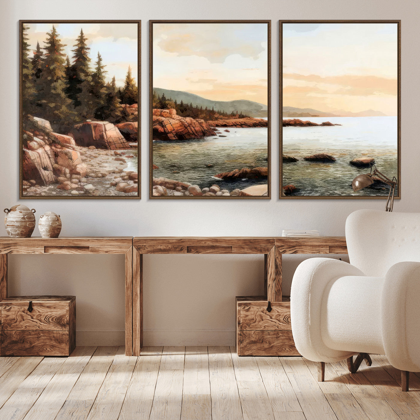 77145-MGV-CV-36X24-Coastal Landscape Wall Art – Panoramic Rocky Shoreline and Pine Trees Canvas Print, Rustic Nature Decor for Cabin, Lodge, Office,