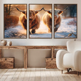 50490-MGV-CV-36X24-Highland Cow Wall Art – Rustic Panoramic Canvas Print Two Cattle Snowy Landscape, Farmhouse Country Decor for Living Room Office