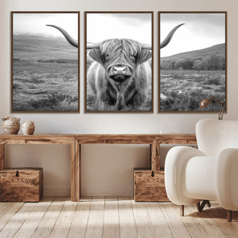52903-MGV-CV-36X24-Highland Cow Wall Art – Black and White Canvas Print Rustic Cattle Portrait, Farmhouse Country Decor for Living Room, Office,