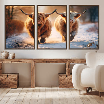 94810-MGV-CV-36X24-Highland Cow Wall Art – Rustic Canvas Print Two Cattle Snow Path Sunset, Farmhouse Country Decor for Living Room, Bedroom, Office,