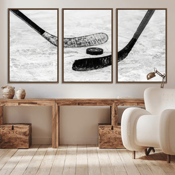 82900-MGV-CV-36X24-Hockey Wall Art – Black and White Canvas Print Ice Rink Sticks Puck Sports Photography, Modern Decor for Game Room, Man Cave,