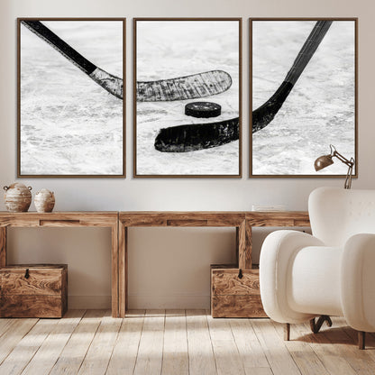 82900-MGV-CV-36X24-Hockey Wall Art – Black and White Canvas Print Ice Rink Sticks Puck Sports Photography, Modern Decor for Game Room, Man Cave,