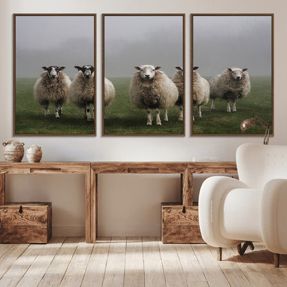 87339-MGV-CV-36X24-Sheep Wall Art – Rustic Farmhouse Canvas Print Flock Standing Misty Field Countryside Photography, Country Animal Decor for Living