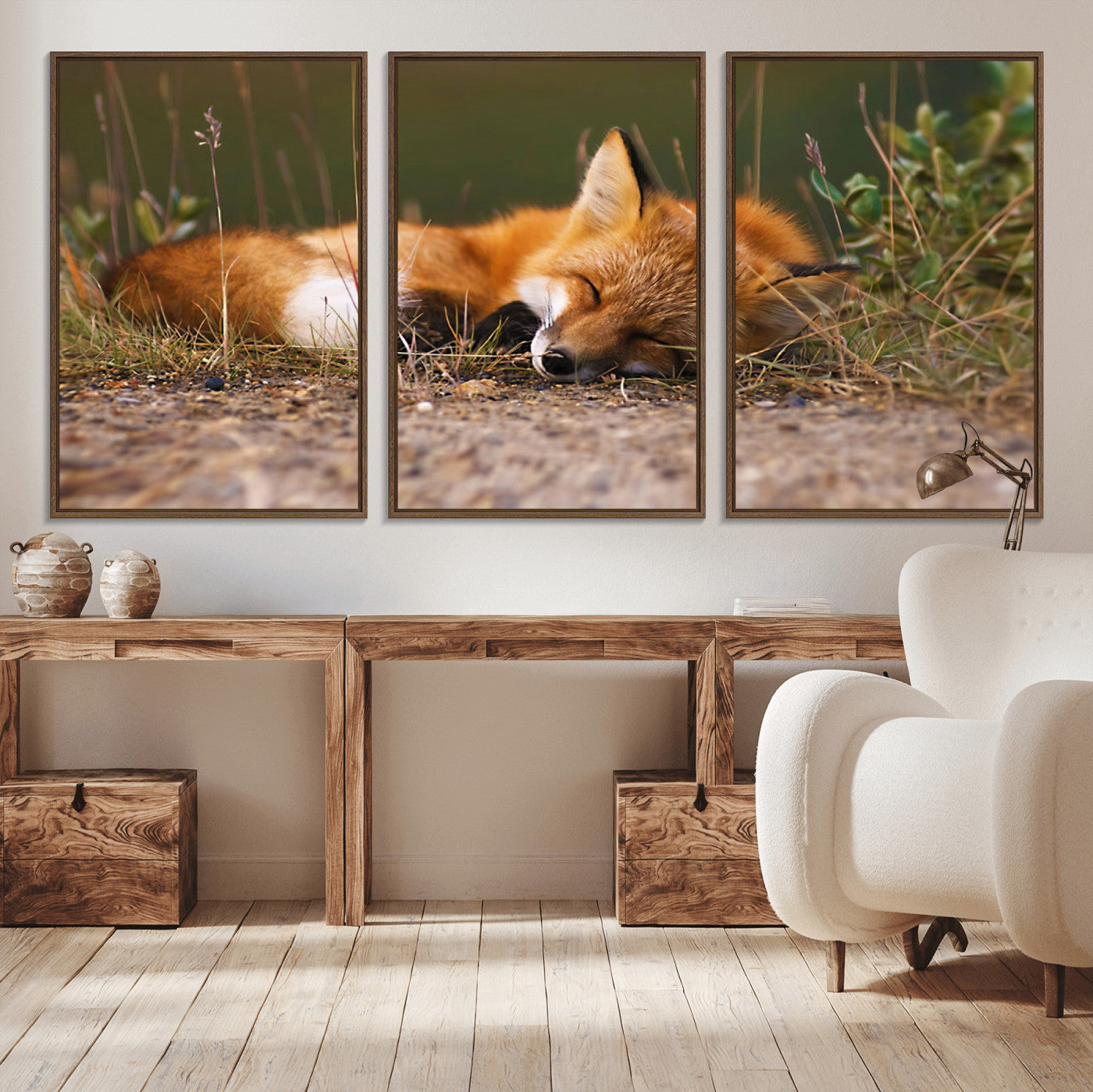 25085-MGV-CV-36X24-Sleeping Fox Wall Art Canvas Print, Framed Rustic Fox Art Picture Print, Wildlife Animal Perfect Rustic Farmhouse Decor Artwork