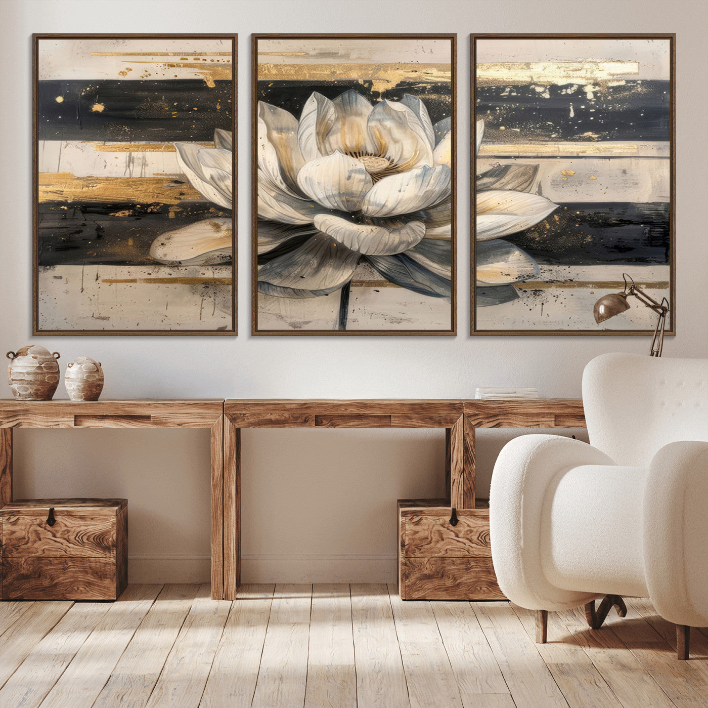 18807-MGV-CV-36X24-Lotus Flower Wall Art Canvas Print, Framed Abstract Lotus Art Picture Print, White Lotus Flower Perfect Abstract Floral Decor