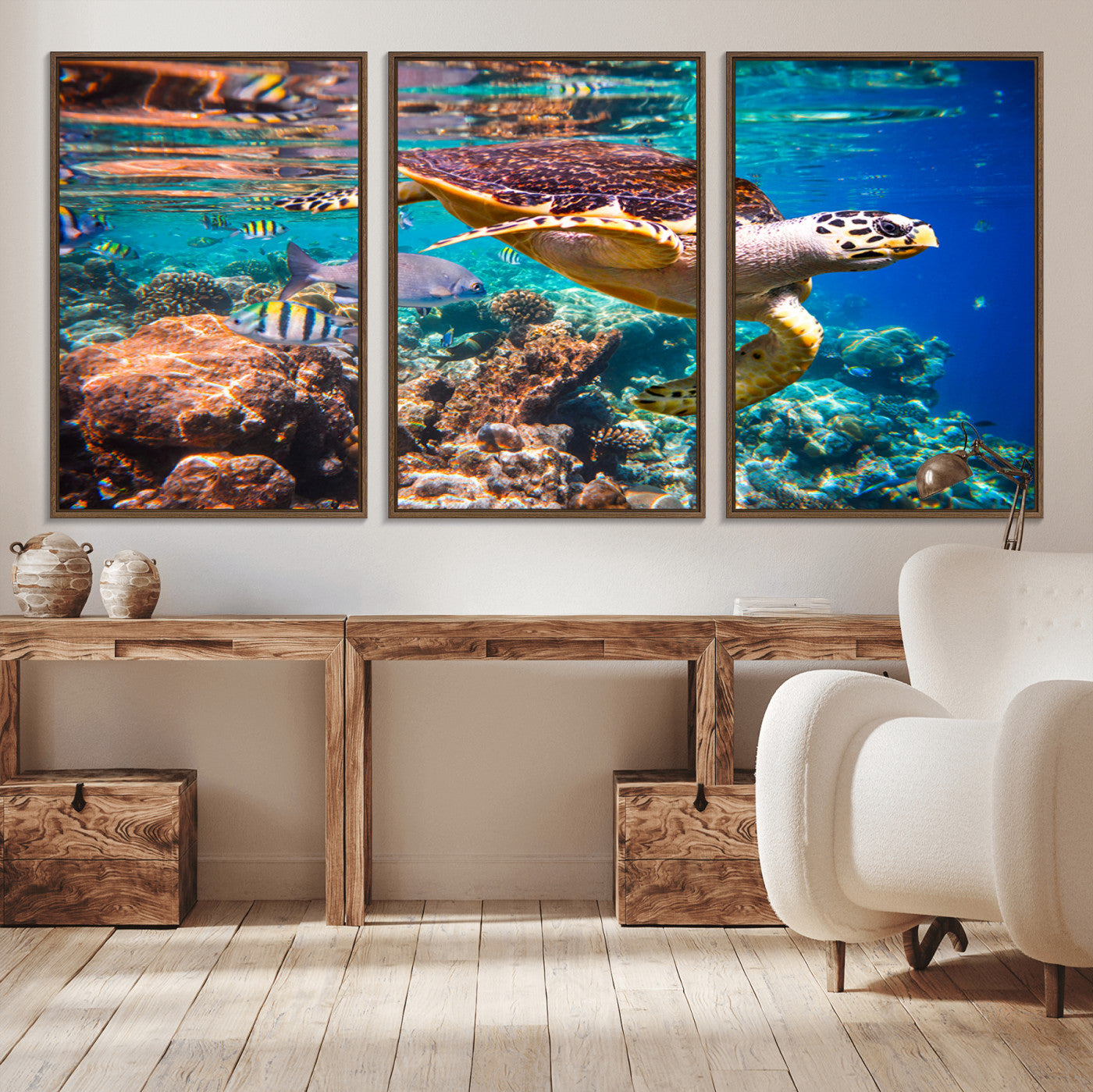 66614-MGV-CV-36X24-Sea Turtle Wall Art – Hawksbill Turtle Swimming Over Coral Reef Canvas Print, Ocean Marine Life Decor for Beach House, Coastal