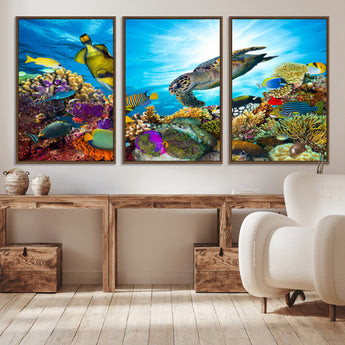 44772-MGV-CV-36X24-Underwater Sea Turtle Wall Art – Vibrant Coral Reef and Tropical Fish Canvas Print, Ocean Marine Life Decor for Living Room,