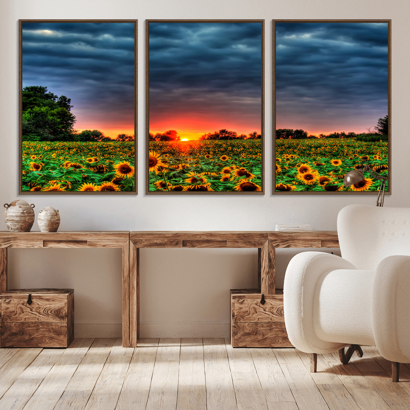 45045-MGV-FC-60X30-3P_Walnut-Sunflower Field Sunset Wall Art – Dramatic Stormy Sky Landscape Print, Vibrant Yellow Floral Nature Canvas for Living Room,