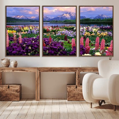 82270-MGV-CV-36X24-Colorful Wildflower Meadow Landscape Wall Art – Snow-Capped Mountain Lake Sunset Print, Vibrant Nature Artwork for Living Room,