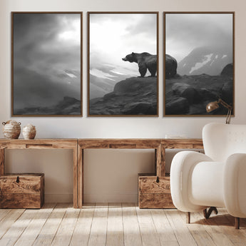 49504-MGV-CV-36X24-Black and White Grizzly Bear Wall Art – Wilderness Wildlife Painting, Rustic Mountain Cabin Decor, Monochrome Animal Print for