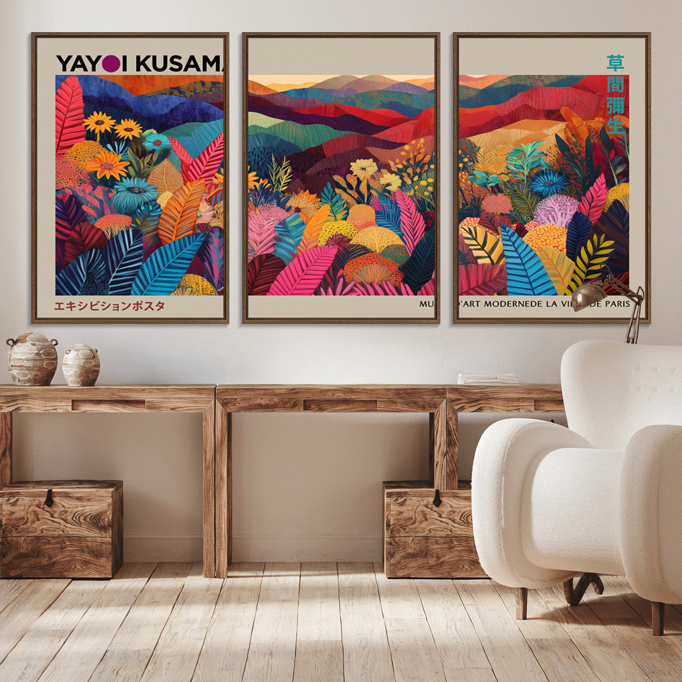70959-MGV-CV-36X24-Yayoi Kusama Inspired Wall Art – Bold Floral Landscape Canvas Print, Vibrant Modern Abstract Poster for Living Room, Bedroom, or