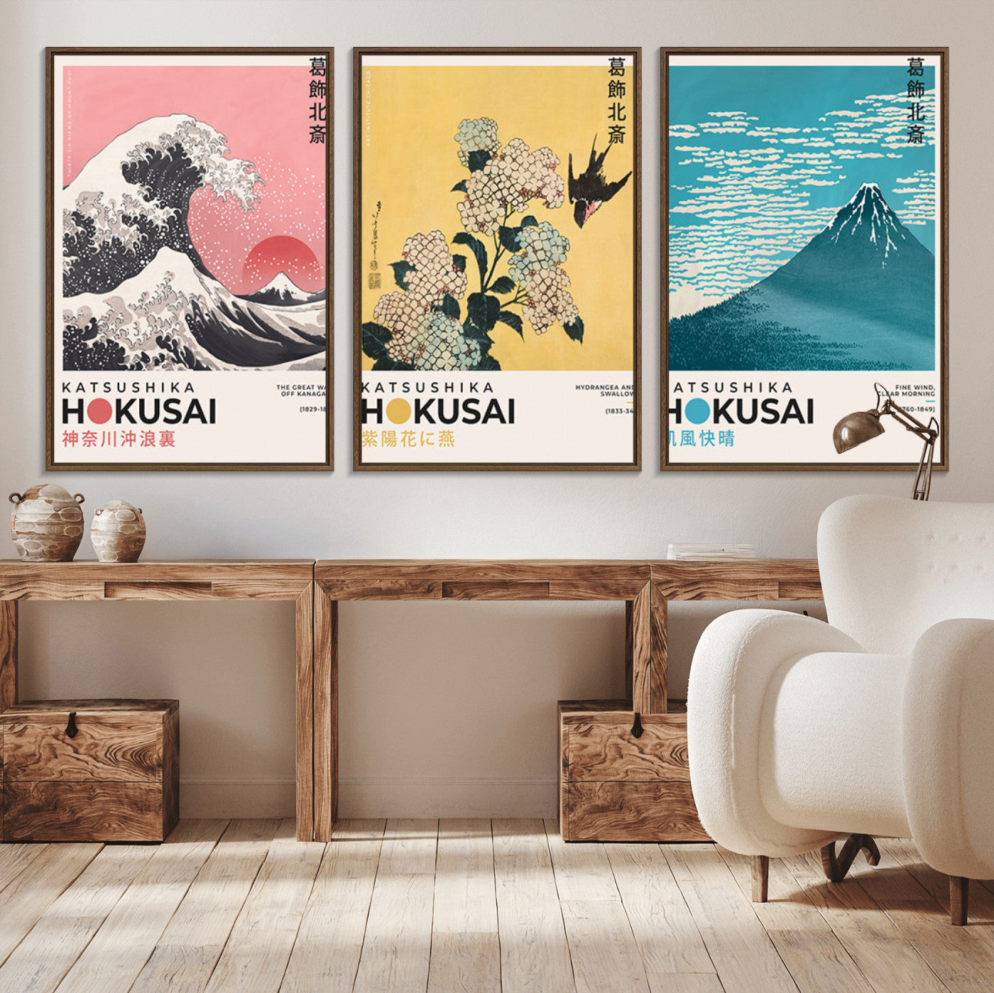 Katsushika-MGV-CV-36X24-Katsushika Hokusai Wall Art Set – The Great Wave, Hydrangea and Swallow, Fine Wind Canvas Prints, Japanese Ukiyo e Style Home and
