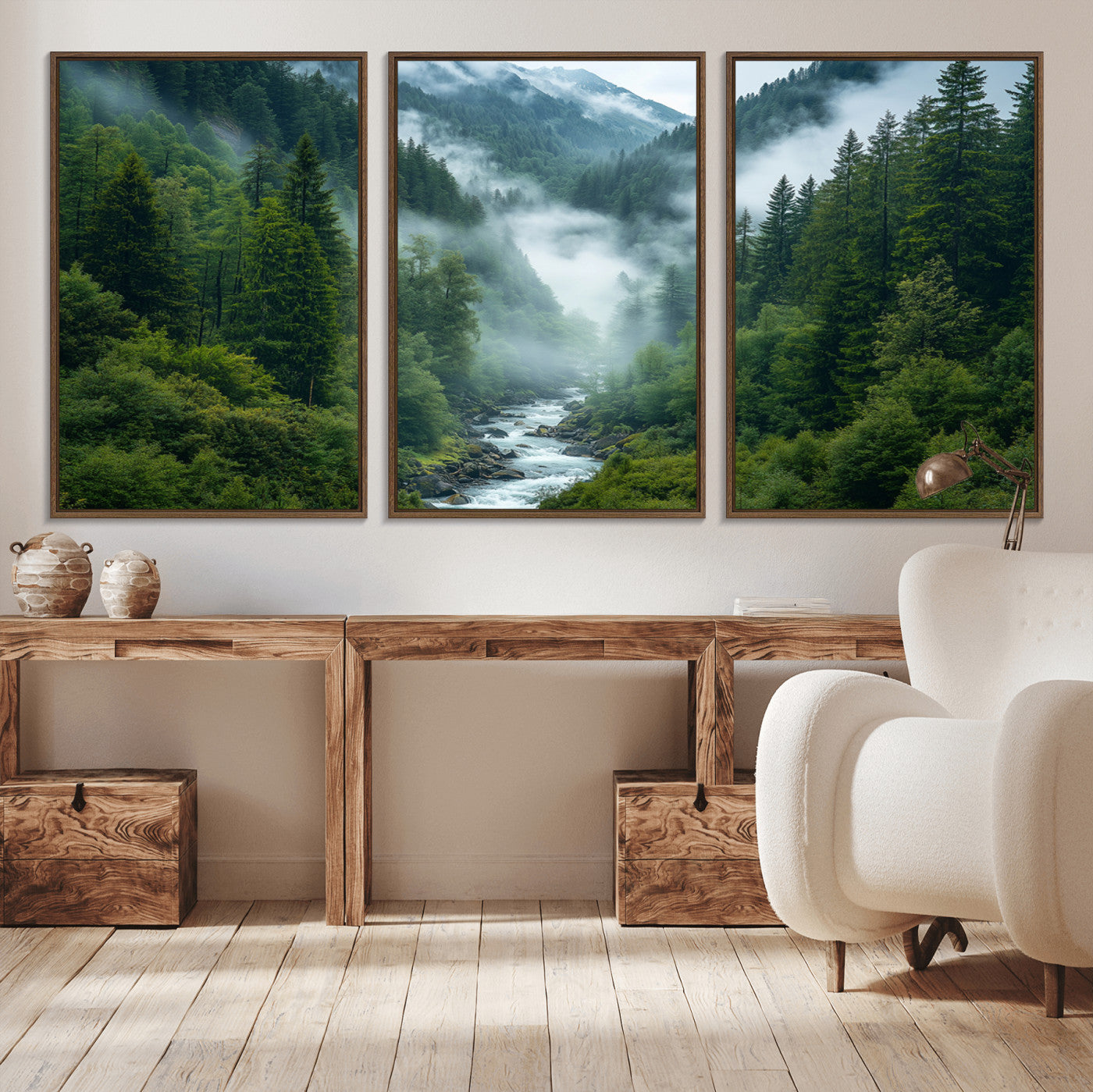 69453-MGV-CV-36X24-Mountain Forest Wall Art – Misty River and Evergreen Landscape Canvas Print, Nature Photography Poster for Living Room, Bedroom,