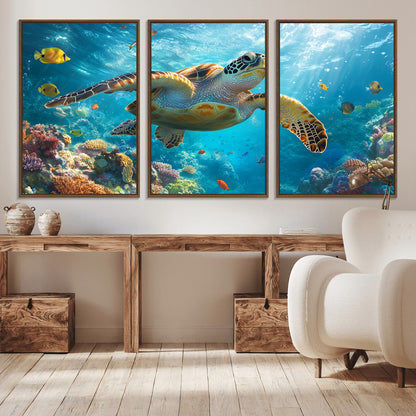 37623-MGV-CV-36X24-Sea Turtle Wall Art – Underwater Ocean Canvas Print with Coral Reef and Tropical Fish, Marine Life Painting Poster for Living