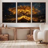 60194-MGV-CV-36X24-Glowing Tree Wall Art – Golden Roots Fantasy Canvas Print, Mystical Illuminated Tree Painting Poster for Living Room, Bedroom,