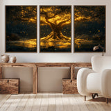 59580-MGV-CV-36X24-Glowing Tree Wall Art – Golden Fantasy Nature Canvas Print, Mystical Illuminated Tree Painting Poster for Living Room, Bedroom,