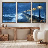 32668-MGV-CV-36X24-Stormy Pier Wall Art – Ocean Waves and Street Lamps Canvas Print, Rainy Night Seascape Oil Painting Poster for Living Room,