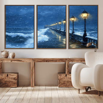 32668-MGV-CV-36X24-Stormy Pier Wall Art – Ocean Waves and Street Lamps Canvas Print, Rainy Night Seascape Oil Painting Poster for Living Room,