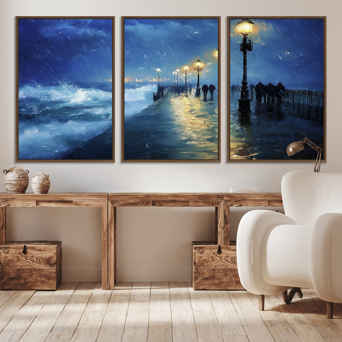 94571-MGV-CV-36X24-Seaside Night Wall Art – Ocean Waves and Street Lamps Canvas Print, Rainy City Pier Oil Painting Poster for Living Room, Bedroom,