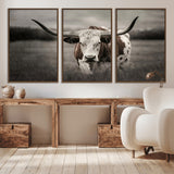 69238-MGV-CV-36X24-Longhorn Bull Wall Art – Rustic Black and White Texas Cattle Canvas Print, Western Farmhouse Animal Photography for Living Room,