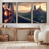 84029-MGV-CV-36X24-Fantasy Castle Wall Art – Magical Train Sunset Forest Canvas Print, Enchanted Landscape Painting Poster for Living Room, Bedroom,