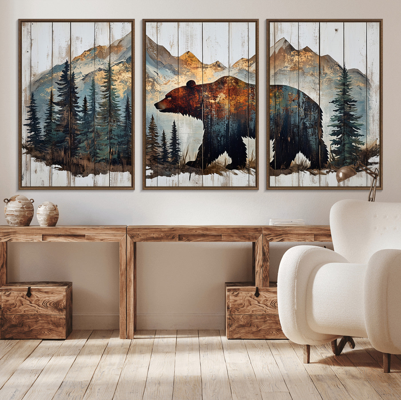 55777-MGV-CV-36X24-Rustic Bear Wall Art Canvas Print, Framed Mountain and Forest Art Picture Print, Wooden Bear Perfect Rustic Lodge Decor Artwork