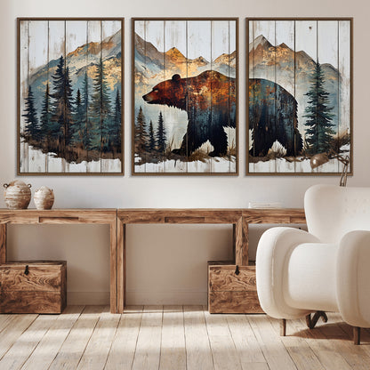 55777-MGV-CV-36X24-Rustic Bear Wall Art Canvas Print, Framed Mountain and Forest Art Picture Print, Wooden Bear Perfect Rustic Lodge Decor Artwork