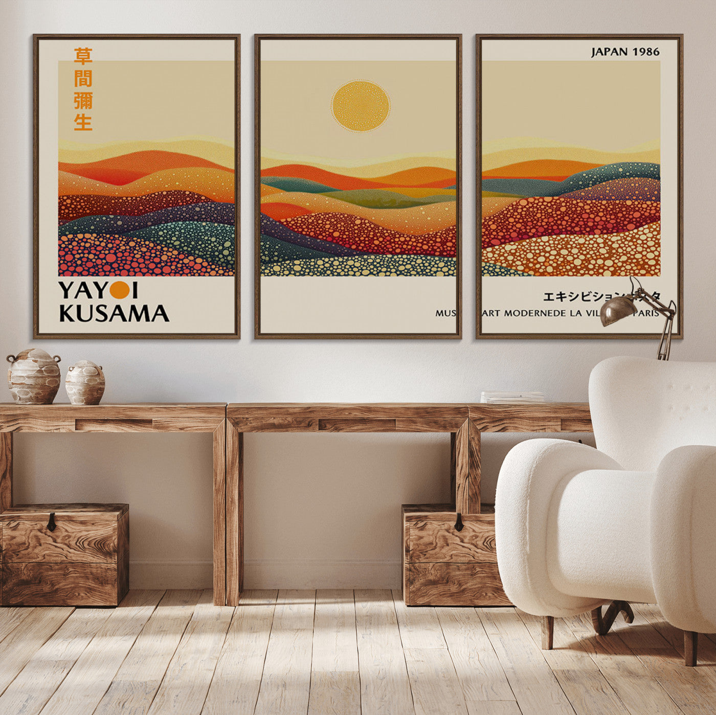 88180-MGV-CV-36X24-Yayoi Kusama Landscape Wall Art – Abstract Dotted Mountain Canvas Print, Retro Sun Poster for Modern Living Room, Office or