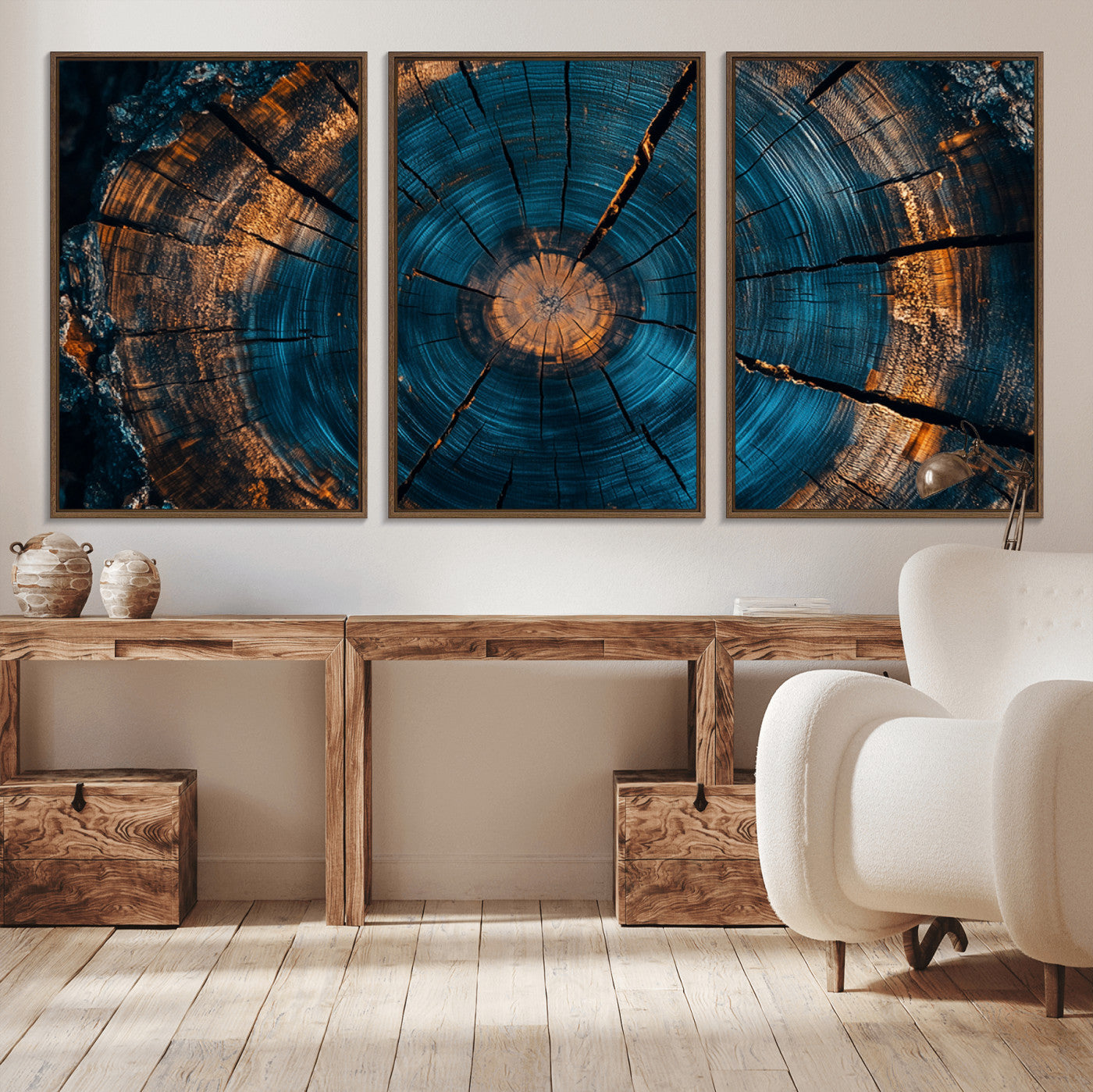 65231-MGV-CV-36X24-Blue and Gold Tree Ring Wall Art – Rustic Abstract Wood Slice Canvas Print, Modern Nature Inspired Artwork for Living Room,