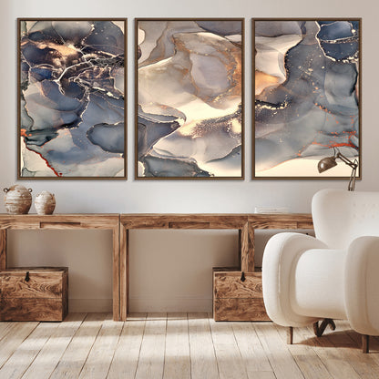 18202-MGV-CV-36X24-Abstract Neutral Wall Art – Blue, Beige and Gold Fluid Ink Canvas Print, Modern Minimalist Painting for Living Room, Office