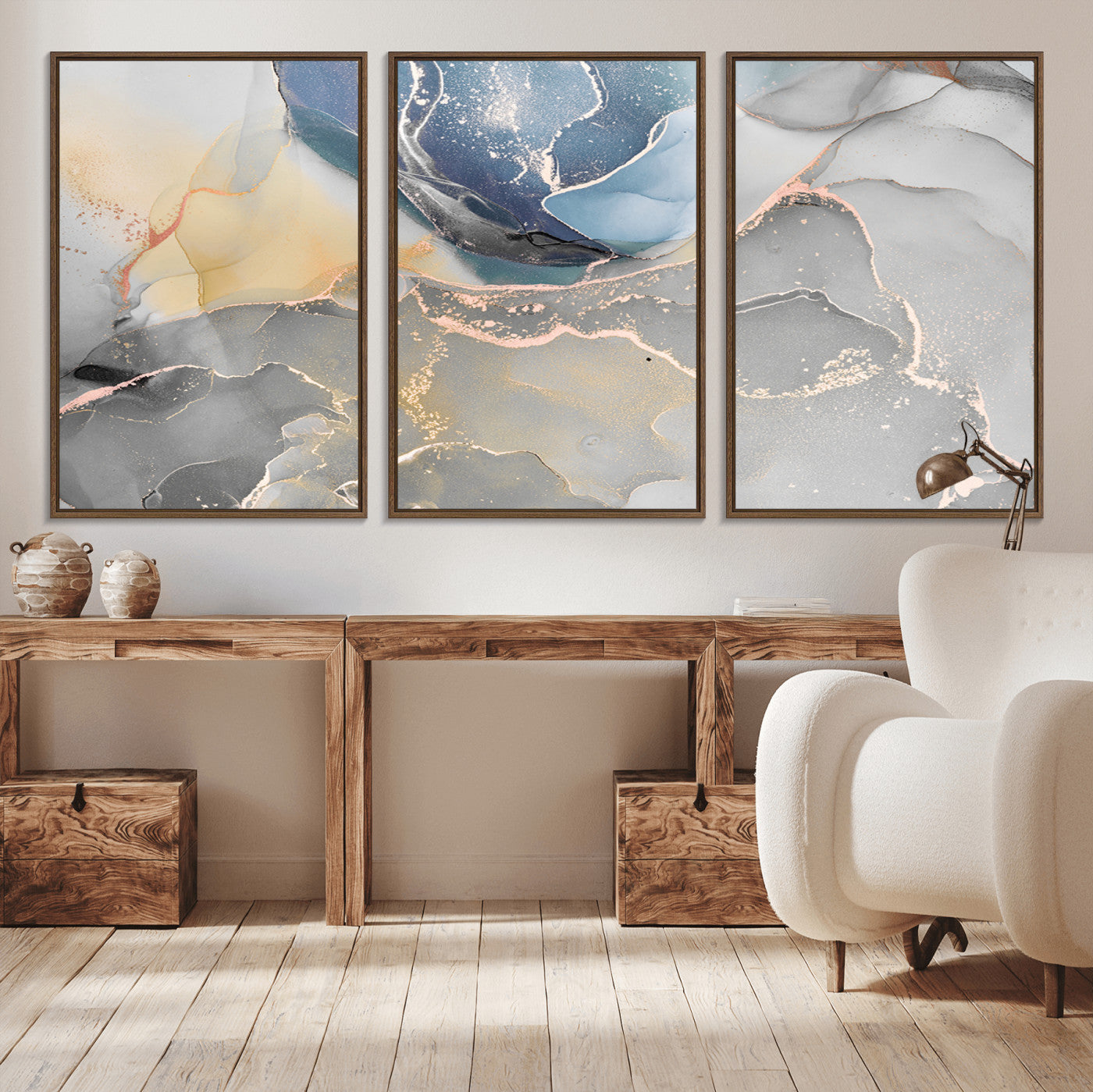 18176-MGV-CV-36X24-Abstract Fluid Wall Art – Modern Marble Ink Canvas Print with Blue, Gold, and Gray Tones, Contemporary Minimal Artwork Decor for