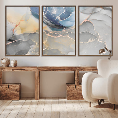 18176-MGV-CV-36X24-Abstract Fluid Wall Art – Modern Marble Ink Canvas Print with Blue, Gold, and Gray Tones, Contemporary Minimal Artwork Decor for