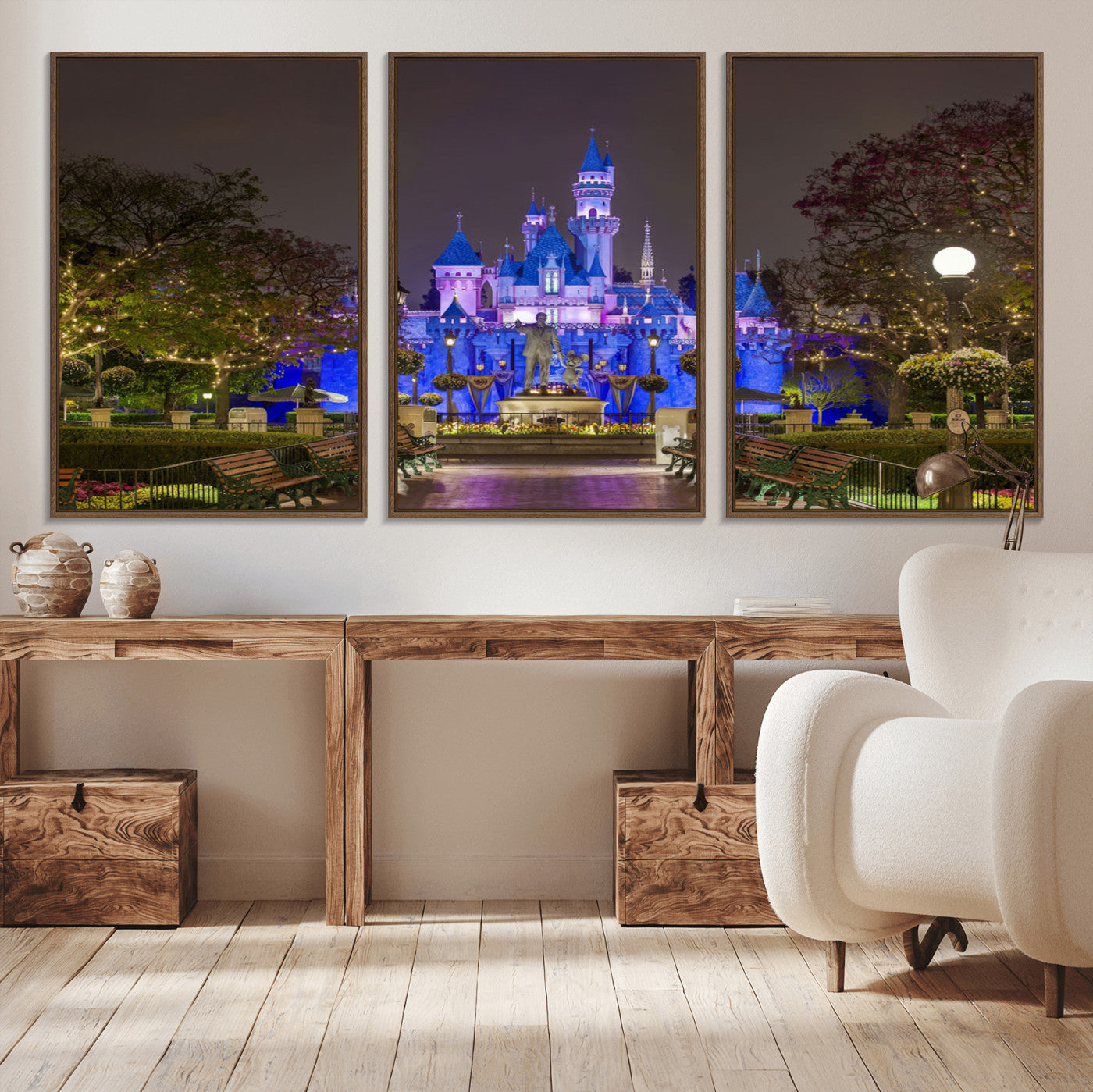 63560-MGV-CV-36X24-Fairy Tale Castle Wall Art – Magical Night Scene Canvas Print with Lights and Gardens, Fantasy Architecture Artwork for Living