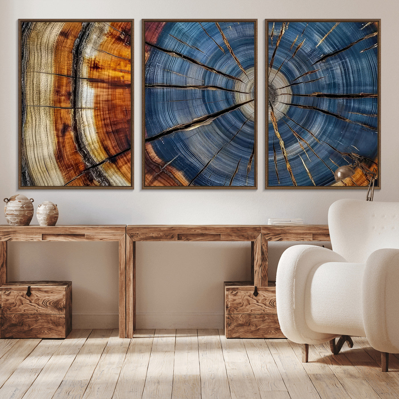 10583-MGV-CV-36X24-Tree Ring Wall Art – Abstract Wood Grain Canvas Print with Blue and Brown Tones, Nature Inspired Rustic Artwork for Living Room,