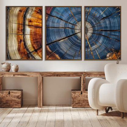 10583-MGV-CV-36X24-Tree Ring Wall Art – Abstract Wood Grain Canvas Print with Blue and Brown Tones, Nature Inspired Rustic Artwork for Living Room,