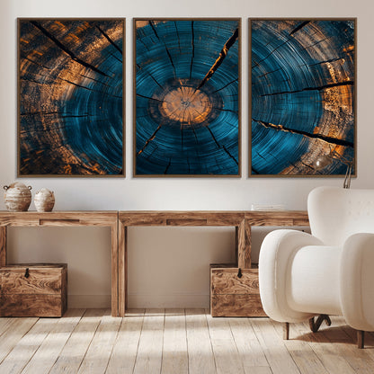 13398-MGV-CV-36X24-Tree Ring Wall Art – Abstract Wood Grain Canvas Print with Blue and Orange Accents, Rustic Nature Inspired Artwork for Living
