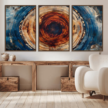 90395-MGV-CV-36X24-Tree Ring Wall Art – Abstract Wood Grain Canvas Print with Fiery Red and Blue Tones, Bold Rustic Nature Inspired Artwork Decor for