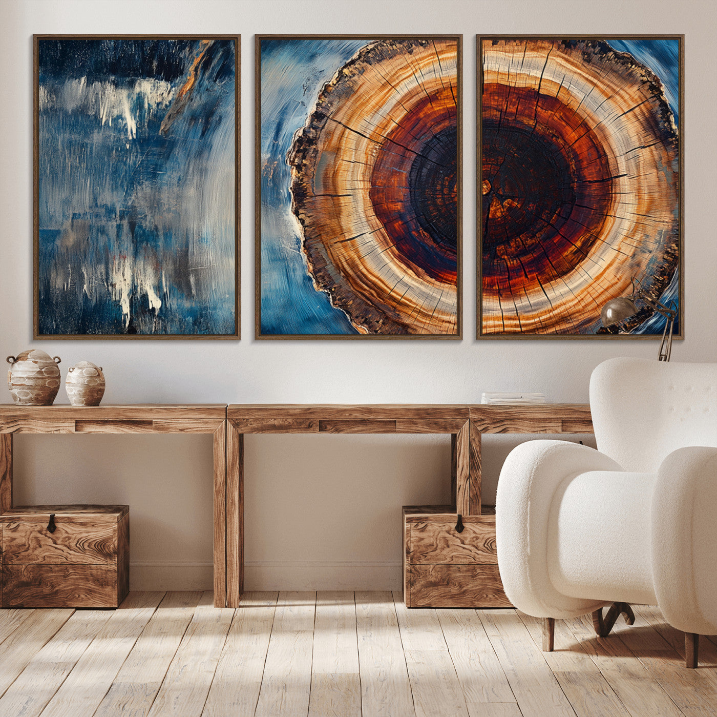 48045-MGV-FC-60X30-3P_Walnut-Tree Ring Abstract Wall Art – Rustic Wood Grain Canvas Print with Brown Center and Blue Brush Strokes, Nature Inspired Artwork for