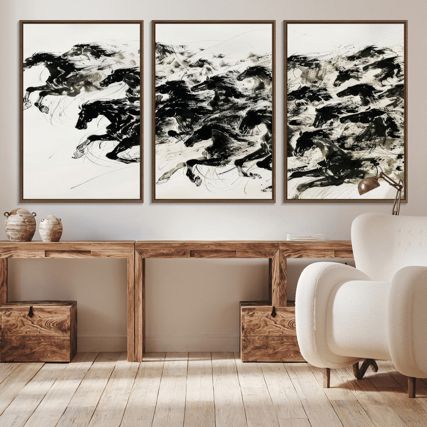 23069-MGV-CV-36X24-Galloping Horses Wall Art – Black Ink Painting on Canvas, Dynamic Equestrian Artwork with Running Stallions, Expressive Modern