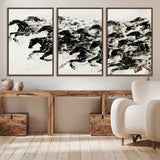 23069-MGV-CV-36X24-Galloping Horses Wall Art – Black Ink Painting on Canvas, Dynamic Equestrian Artwork with Running Stallions, Expressive Modern