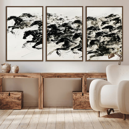 23069-MGV-CV-36X24-Galloping Horses Wall Art – Black Ink Painting on Canvas, Dynamic Equestrian Artwork with Running Stallions, Expressive Modern