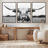 20272-MGV-CV-36X24-Highland Cow Wall Art – Black and White Western Longhorn Canvas Print, Farmhouse Living Room Decor Southwestern Animal Artwork for